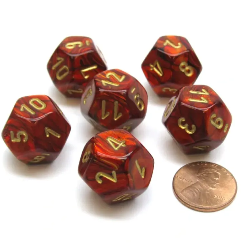 Dice>Scarab 18mm 12 Sided D12 Chessex Dice, 6 Pieces - Scarlet with Gold - Your Source for Gaming Essentials