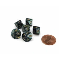 Dice>Scarab 10mm Mini 10 Sided D10 Dice, 6 Pieces - Jade with Gold Numbers - Your Source for Gaming Essentials