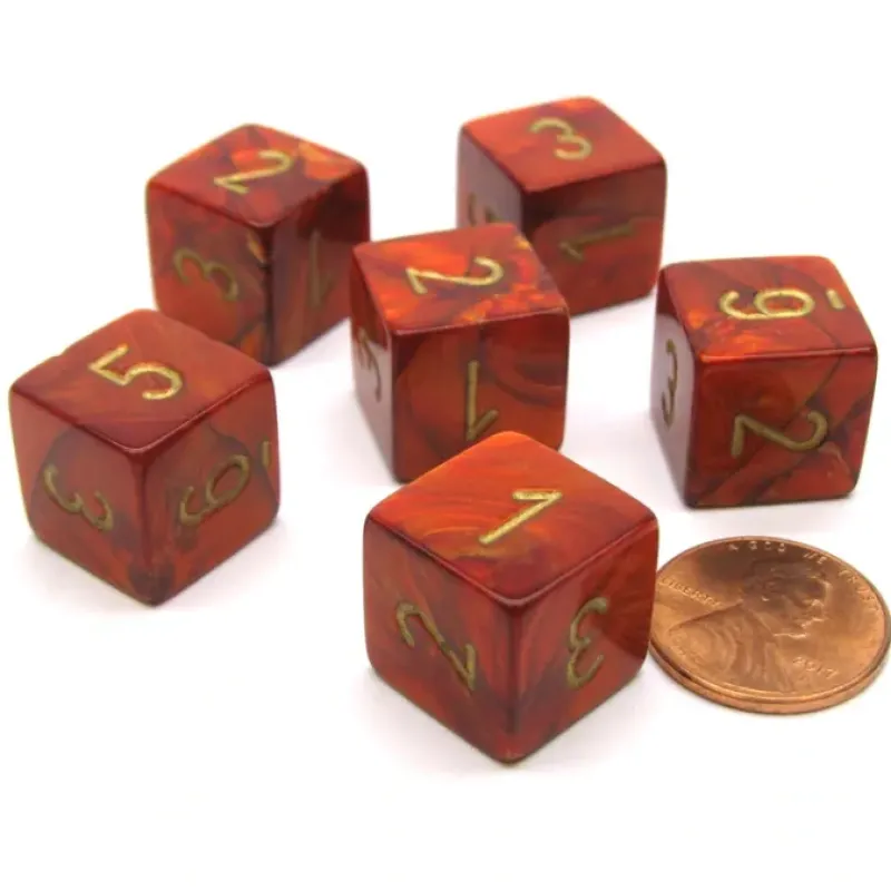 Dice>Scarab 15mm 6-Sided D6 Numbered Chessex Dice, 6 Pieces - Scarlet with Gold - Your Source for Gaming Essentials