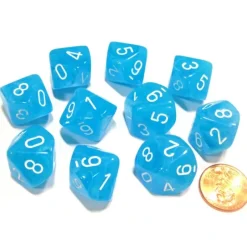 Dice>Set of 10 Chessex Cirrus D10 Dice - Light Blue with White Numbers - Your Source for Gaming Essentials