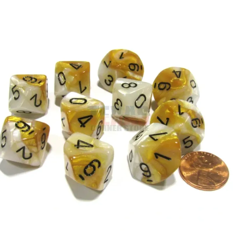 Dice>Set of 10 Chessex D10 Dice - Gemini Gold-White with Black Numbers - Your Source for Gaming Essentials