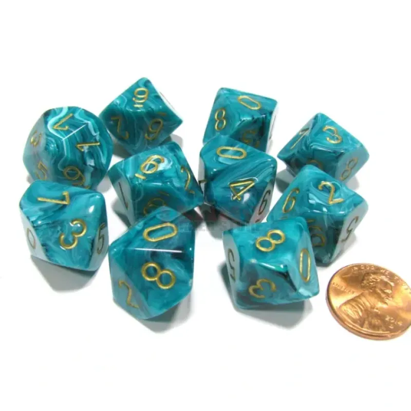 Dice>Set of 10 Chessex D10 Dice - Vortex Teal with Gold Numbers - Your Source for Gaming Essentials