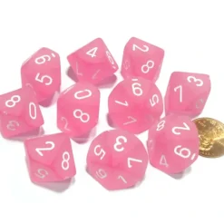 Dice>Set of 10 Chessex Frosted D10 Dice - Pink with White Numbers - Your Source for Gaming Essentials