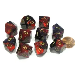 Dice>Set of 10 Chessex Gemini D10 Dice - Purple-Red with Gold Numbers - Your Source for Gaming Essentials
