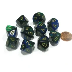 Dice>Set of 10 Chessex Gemini D10 Dice - Blue-Green with Gold Numbers - Your Source for Gaming Essentials