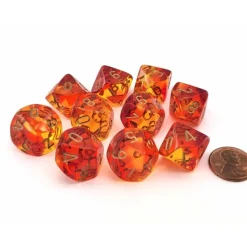 Dice>Set of 10 Chessex Gemini D10 Dice - Translucent Red-Yellow with Gold Numbers - Your Source for Gaming Essentials