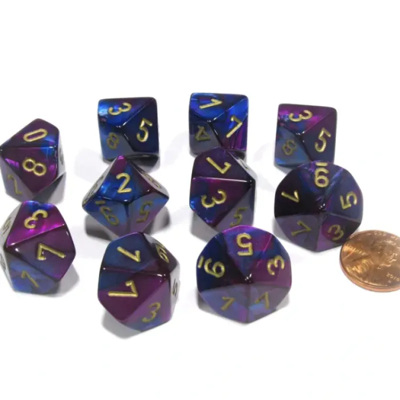 Dice>Set of 10 Chessex Gemini D10 Dice - Blue-Purple with Gold Numbers - Your Source for Gaming Essentials