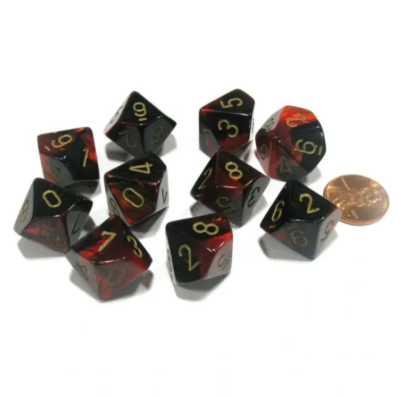 Dice>Set of 10 Chessex Gemini D10 Dice - Black-Red with Gold Numbers - Your Source for Gaming Essentials