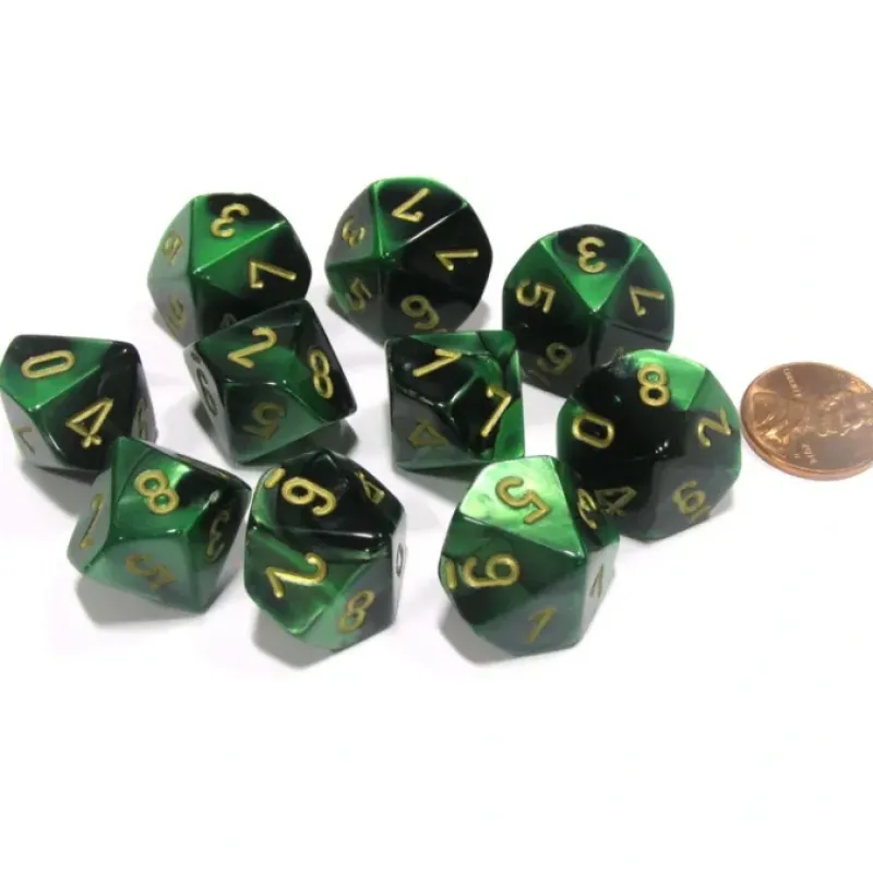 Dice>Set of 10 Chessex Gemini D10 Dice - Black-Green with Gold Numbers - Your Source for Gaming Essentials