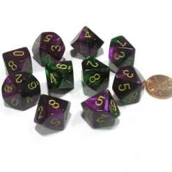 Dice>Set of 10 Chessex Gemini D10 Dice - Green-Purple with Gold Numbers - Your Source for Gaming Essentials