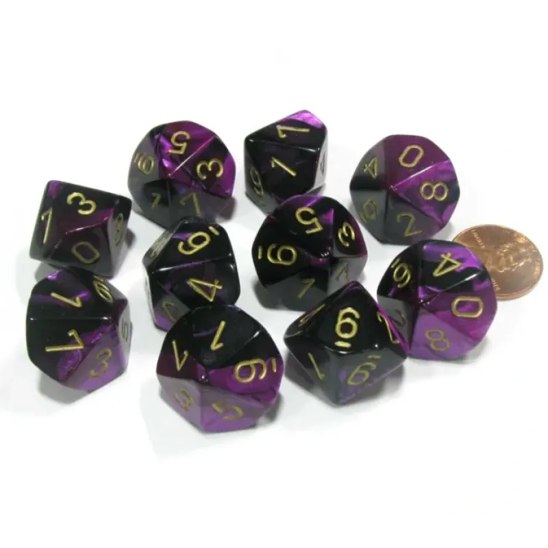 Dice>Set of 10 Chessex Gemini D10 Dice - Black-Purple with Gold Numbers - Your Source for Gaming Essentials