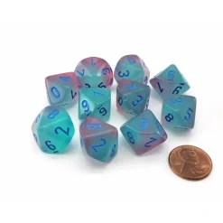 Dice>Set of 10 Chessex Luminary Gemini D10 Dice - Gel Green-Pink with Blue Numbers - Your Source for Gaming Essentials
