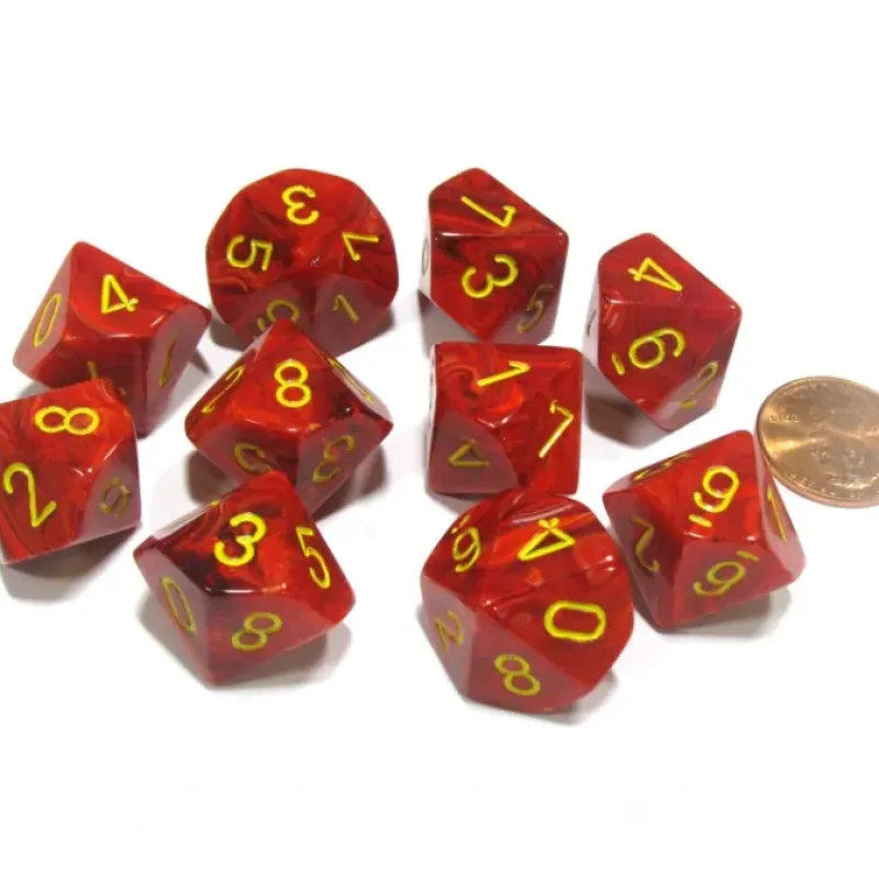 Dice>Set of 10 Chessex Vortex D10 Dice - Red with Yellow Numbers - Your Source for Gaming Essentials