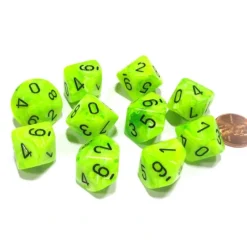 Dice>Set of 10 Chessex Vortex D10 Dice - Bright Green with Black Numbers - Your Source for Gaming Essentials