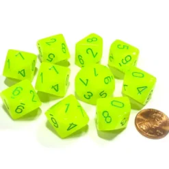Dice>Set of 10 Chessex Vortex D10 Dice - Bright Electric Yellow with Green Numbers - Your Source for Gaming Essentials
