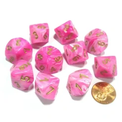 Dice>Set of 10 Chessex Vortex D10 Dice - Pink with Gold Numbers - Your Source for Gaming Essentials