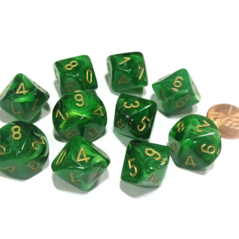 Dice>Set of 10 Chessex Vortex D10 Dice - Green with Gold Numbers - Your Source for Gaming Essentials