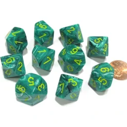 Dice>Set of 10 Chessex Vortex D10 Dice - Malachite Green with Yellow Numbers - Your Source for Gaming Essentials
