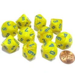 Dice>Set of 10 Chessex Vortex D10 Dice - Yellow with Blue Numbers - Your Source for Gaming Essentials