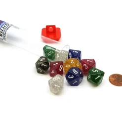Dice>Set of 10 D10 Glitter Dice in Travel Tube - Assorted Colors - Your Source for Gaming Essentials