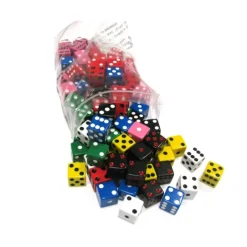 Dice>Set of 100 D6 16mm Assorted Dice-White Blue Green Yellow Pink(2) Black(2) Red(2) - Your Source for Gaming Essentials