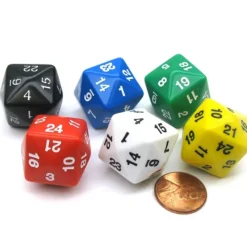 Dice>Set of 6 D24 24mm Dice-Assorted-1 Each of Red, White, Blue, Black, Green, Yellow - Your Source for Gaming Essentials