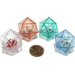 Dice>Set of 4 D20 24mm Double Dice, 2-In-1 Dice - 1 Each of Green Red Blue Clear - Your Source for Gaming Essentials