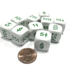 Dice>Set of 10 D6 16mm Educational Money Dollar and Cents Dice - White with Green - Your Source for Gaming Essentials