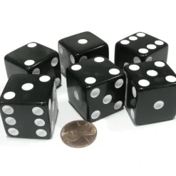Dice>Set of 6 D6 25mm Large Opaque Jumbo Dice - Black with White Pip - Your Source for Gaming Essentials