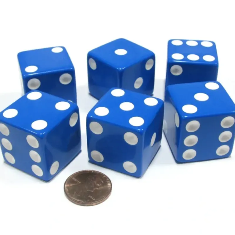 Dice>Set of 6 D6 25mm Large Opaque Jumbo Dice - Blue with White Pip - Your Source for Gaming Essentials