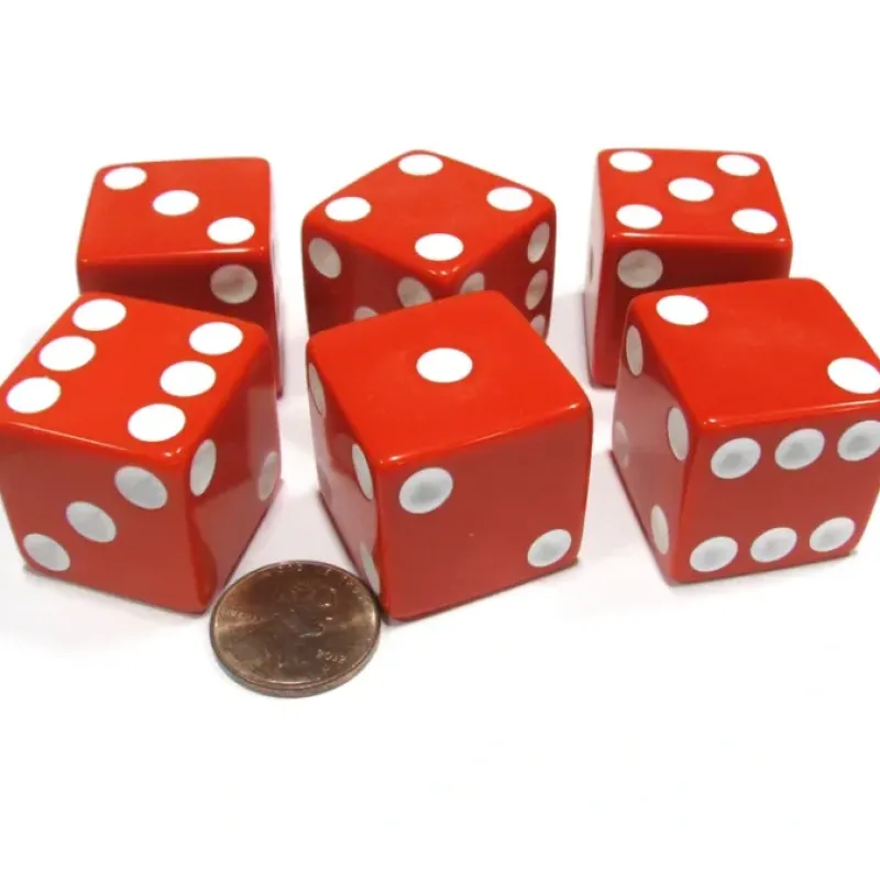 Dice>Set of 6 D6 25mm Large Opaque Jumbo Dice - Red with White Pip - Your Source for Gaming Essentials