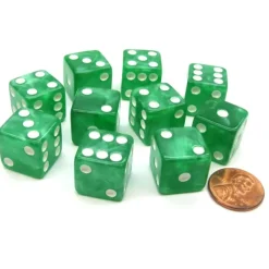 Dice>Set of 10 D6 16mm Marbleized Square Corner Dice - Green with White Pips - Your Source for Gaming Essentials