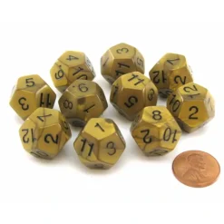 Dice>Set of 10 D12 18mm Olympic Pearlized Dice - Gold with Black Numbers - Your Source for Gaming Essentials