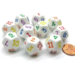 Dice>Set of 10 D12 18mm Opaque Rainbow Dice - White with Multicolor Numbers - Your Source for Gaming Essentials