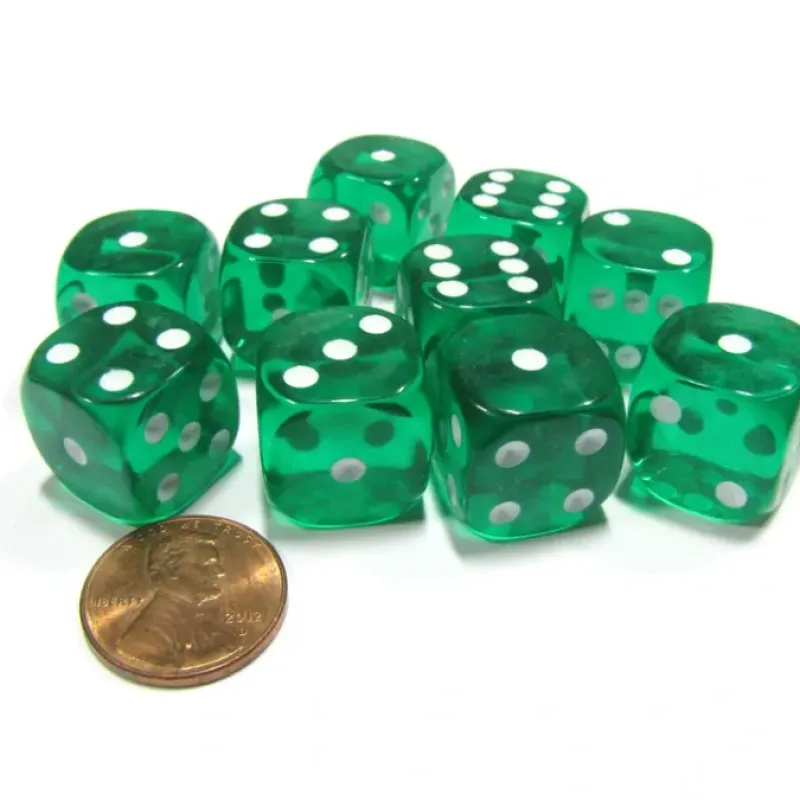 Dice>Set of 10 D6 16mm Round Corner Transparent Dice - Green with White Pips - Your Source for Gaming Essentials