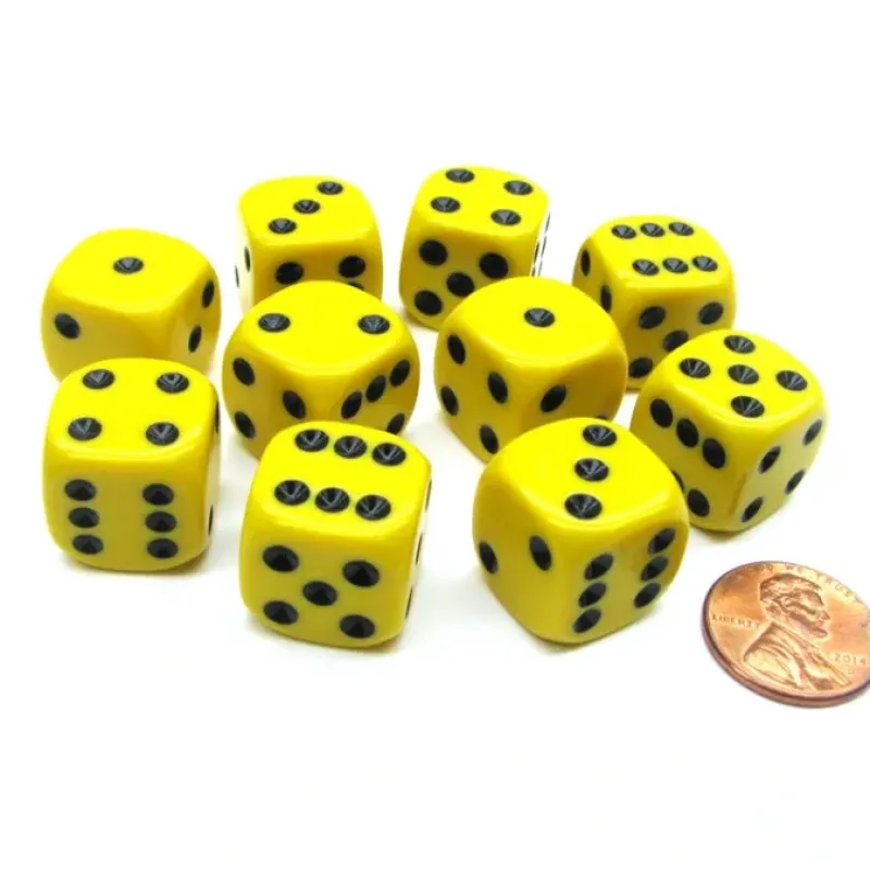 Dice>Set of 10 D6 16mm Rounded Corner Opaque Dice - Yellow with Black Pips - Your Source for Gaming Essentials