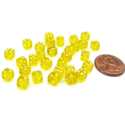 Dice>Set of 30 D6 5mm Transparent Rounded Corner Dice - Yellow with White Pips - Your Source for Gaming Essentials