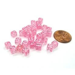 Dice>Set of 30 D6 5mm Transparent Rounded Corner Dice - Pink with White Pips - Your Source for Gaming Essentials