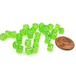Dice>Set of 30 D6 5mm Transparent Rounded Corner Dice - Green with White Pips - Your Source for Gaming Essentials