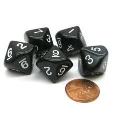 Dice>Set of 5 D10 10-Sided 16mm Opaque RPG Dice - Black with White Numbers - Your Source for Gaming Essentials