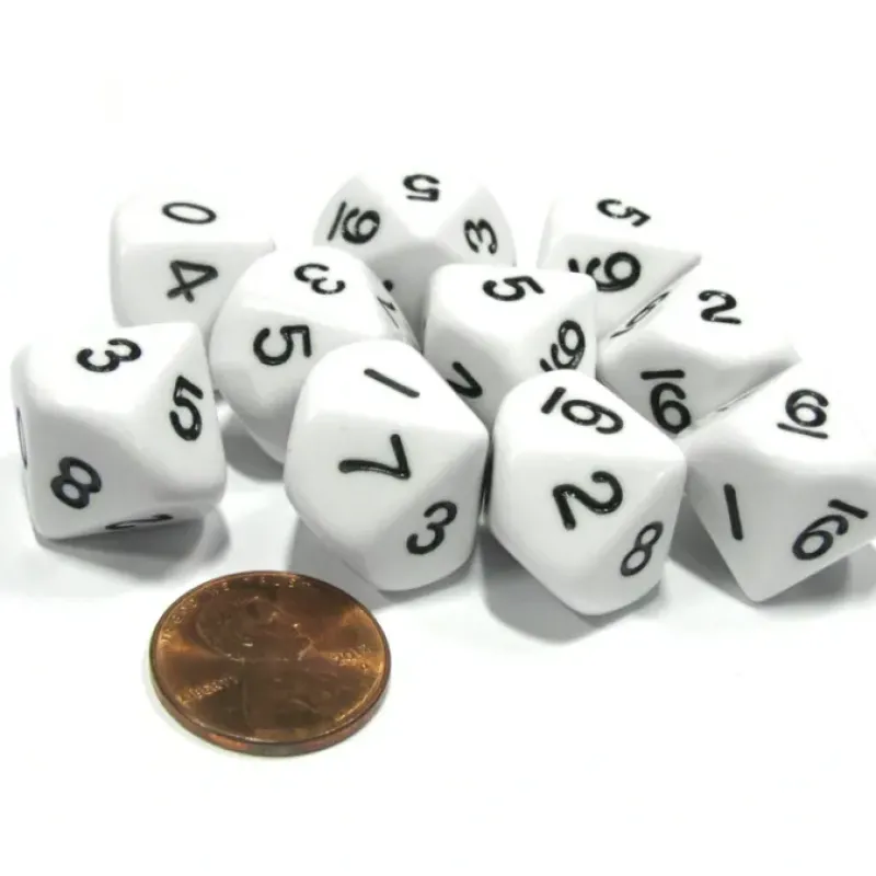 Dice>Set of 10 D10 10-Sided 16mm Opaque Dice - White with Black Numbers - Your Source for Gaming Essentials