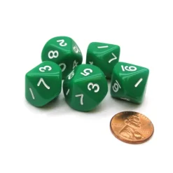 Dice>Set of 5 D10 10-Sided 16mm Opaque RPG Dice - Green with White Numbers - Your Source for Gaming Essentials