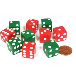 Dice>Set of 10 D6 Six Sided Opaque 16mm D6 Dice - Christmas Colors 5 Green & 5 Red - Your Source for Gaming Essentials
