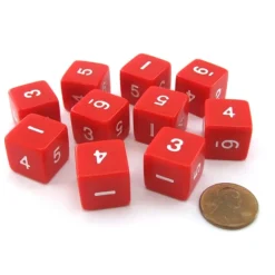 Dice>Set of 10 D6 Six-Sided 16mm Opaque Numbered Dice - Red with White Numbers - Your Source for Gaming Essentials