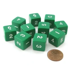 Dice>Set of 10 D6 Six-Sided 16mm Opaque Numbered Dice - Green with White Numbers - Your Source for Gaming Essentials