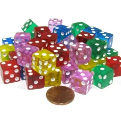 Dice>Set of 50 D6 Six-Sided 12mm Transparent Dice - 10 of Blue Green Pink Red Yellow - Your Source for Gaming Essentials