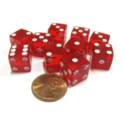 Dice>Set of 10 D6 Six-Sided 12mm Transparent Dice - Red with White Pips - Your Source for Gaming Essentials