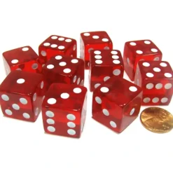 Dice>Set of 10 D6 Square Edged 19mm Dice - Transparent Red with White Pips - Your Source for Gaming Essentials