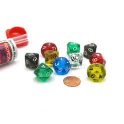 Dice>Set of 10 D10 Transparent Dice in Travel Tube - Assorted Colors - Your Source for Gaming Essentials