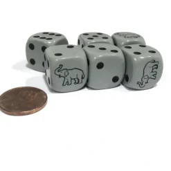Dice>Set of 6 Elephant Dice 16mm D6 Rounded Edges Dice - Gray with Black Pips - Your Source for Gaming Essentials